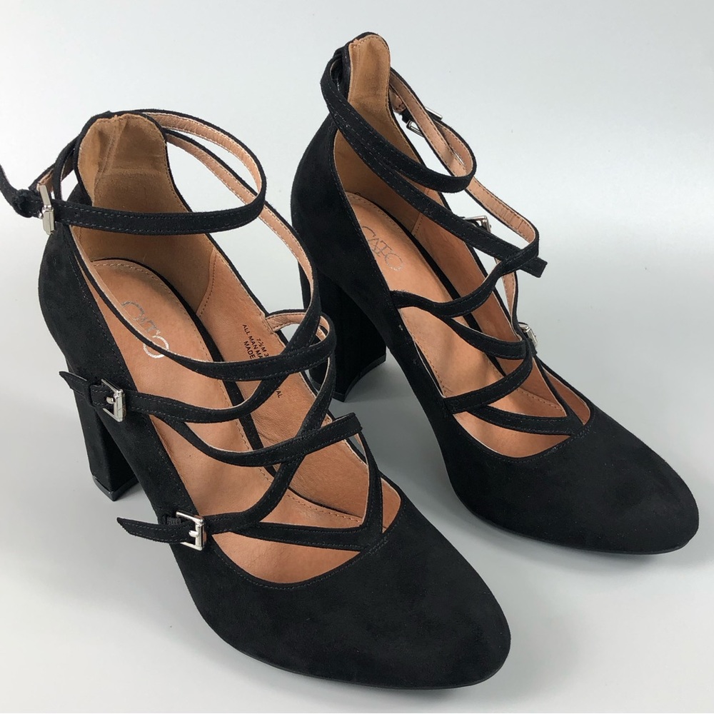 Cato Women’s Black Strappy Mini Buckle Heels Size 7.5M
